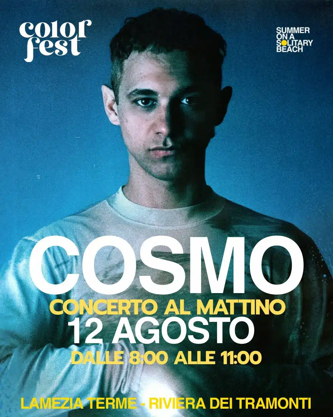 Cosmo al Color Fest 14 — concerto al mattino, 12 agosto 2026, dalle 8 alle 11, Lamezia Terme Riviera dei Tramonti