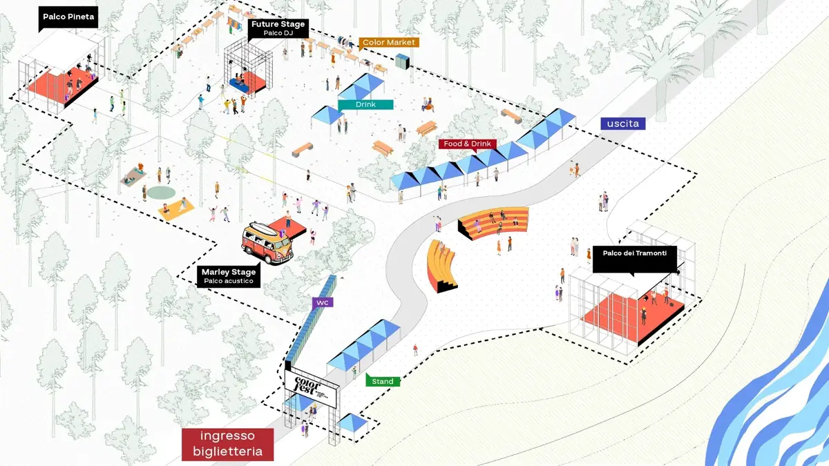 Mappa illustrata della venue Color Fest: palchi, aree food, drink, ingresso, biglietteria