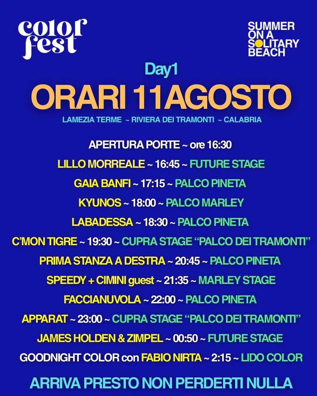 Orari del Color Fest 14 dell'11 agosto 2026, Day 1