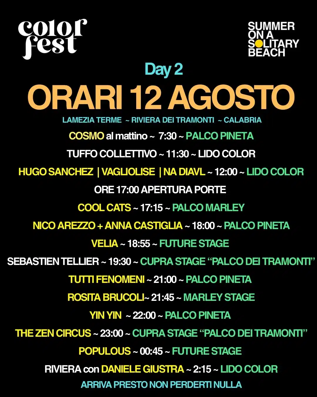 Orari del Color Fest 14 del 12 agosto 2026, Day 2