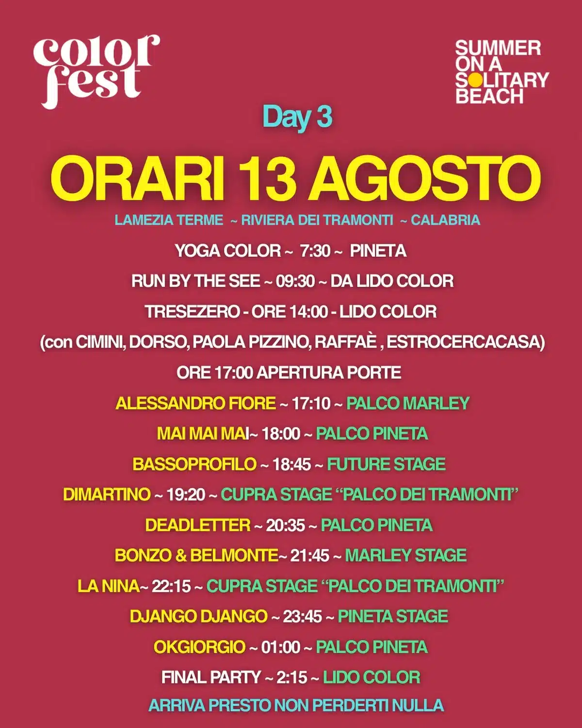 Orari del Color Fest 14 del 13 agosto 2026, Day 3